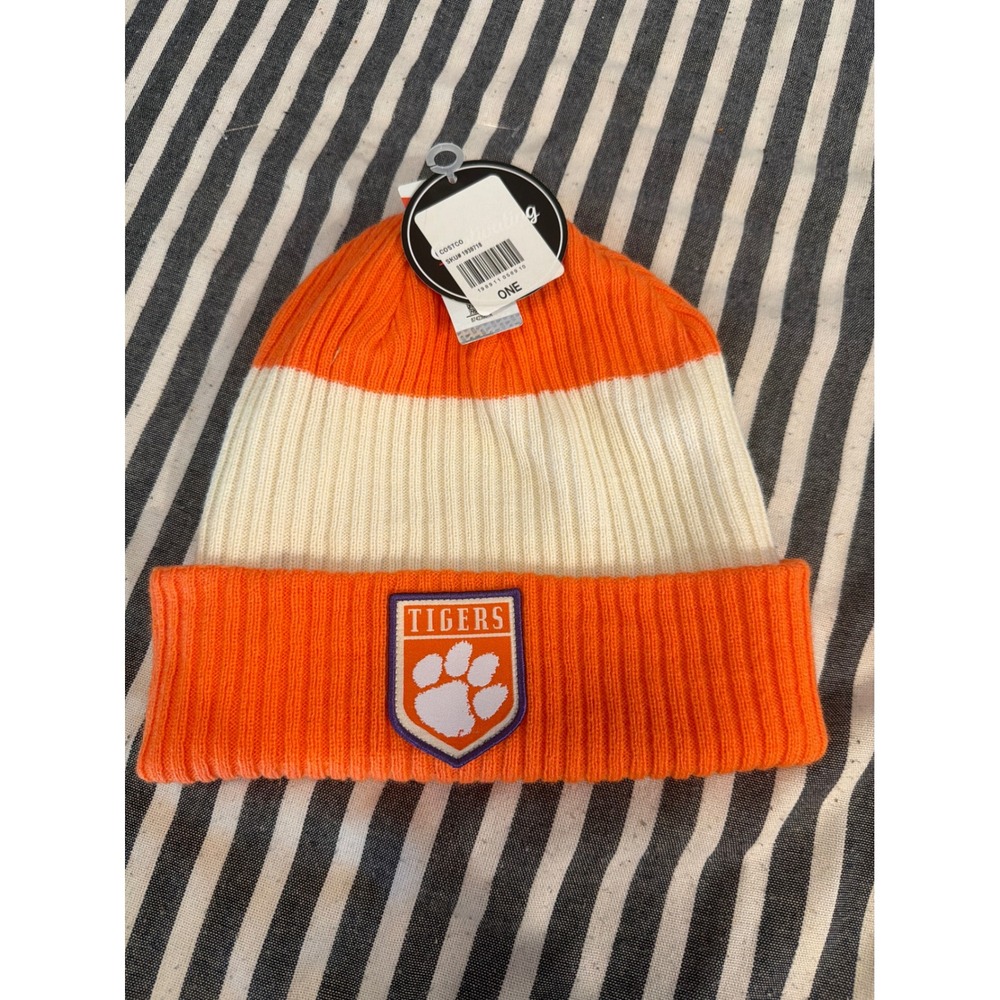 NCAA Clemson Tigers Cuffed Beanie Orange Cream Ribbed Knit Hat One Size NWT